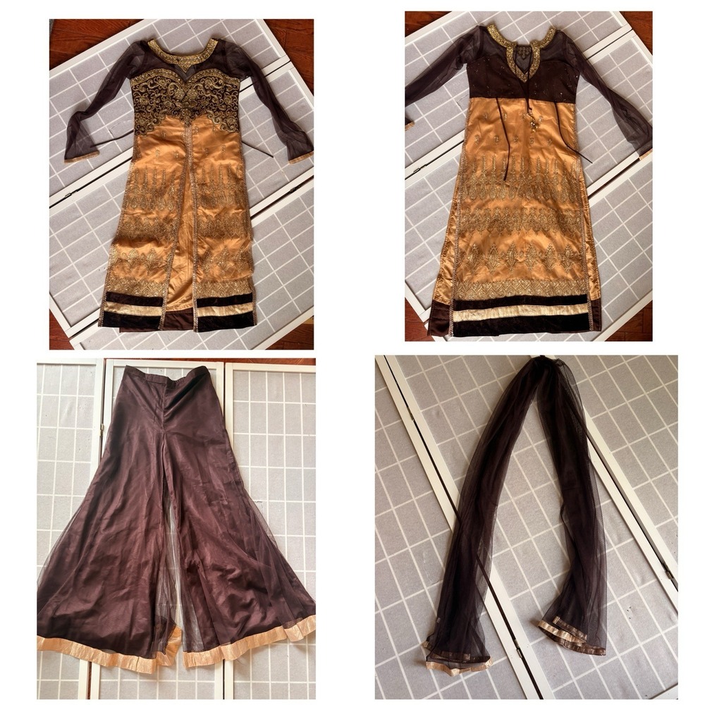 Vintage Indian Lehenga Choli Gown‎ Set Gold Brown Embroidered Metallic Zari 3Pc